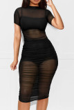 Blue Sexy Solid Patchwork See-through Fold O Neck Pencil Skirt Dresses(Three Pieces)
