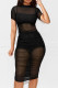 Black Sexy Solid Patchwork See-through Fold O Neck Pencil Skirt Dresses(Three Pieces)