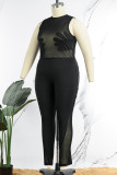 Black Sexy Solid Patchwork See-through Mesh O Neck Skinny Jumpsuits