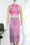 Pink Sexy Print Slit O Neck Sleeveless Two Pieces