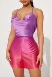 Fuchsia Sexy Casual Gradual Change Print Bandage Backless Halter Regular Romper