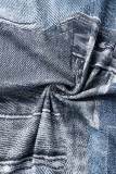 Blue Sexy Street Print Patchwork O Neck Short Sleeve Two Pieces