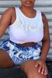 White Sexy Casual Letter Hot Drilling Asymmetrical O Neck Tops