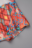 Multicolor Casual Print Slit V Neck Short Sleeve Dress Plus Size Dresses