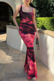 Rose Red Sexy Print Patchwork Square Collar Long Dress Dresses