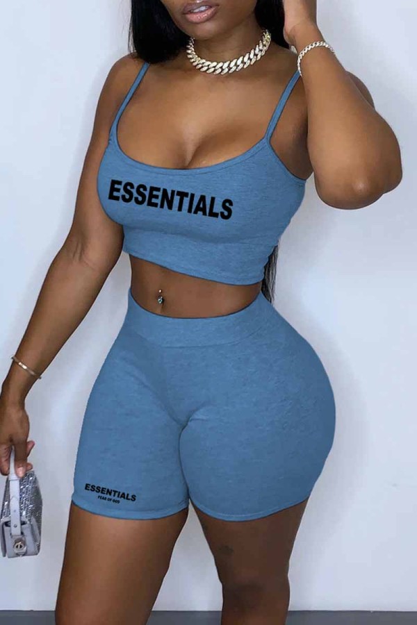 Light Blue Street Print Letter Spaghetti Strap Sleeveless Two Pieces