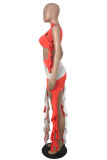 Red Sexy Print Tassel Patchwork Oblique Collar Sleeveless Two Pieces