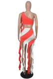 Red Sexy Print Tassel Patchwork Oblique Collar Sleeveless Two Pieces
