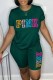 Green Casual Print Letter O Neck Short Sleeve Two Pieces