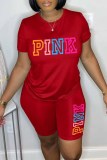 Pink Casual Print Letter O Neck Short Sleeve Two Pieces