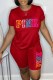 Red Casual Print Letter O Neck Short Sleeve Two Pieces