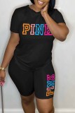Pink Casual Print Letter O Neck Short Sleeve Two Pieces
