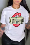 White Pink Casual Street Lips Printed Letter O Neck T-Shirts