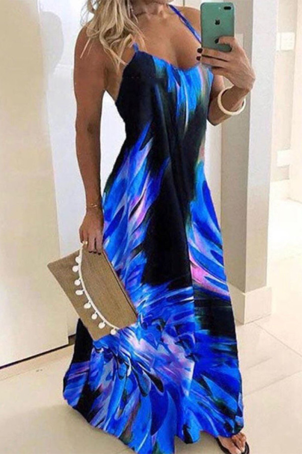 Blue Casual Work Gradual Change Print Spaghetti Strap Dresses