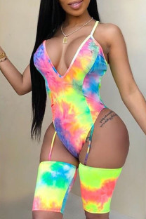 Colour Sexy Casual Tie Dye Patchwork V Neck Skinny Rompers
