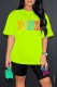 Fluorescent Green Casual Print Letter O Neck Short Sleeve Two Pieces