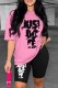 Pink Casual Print Letter O Neck Short Sleeve Two Pieces