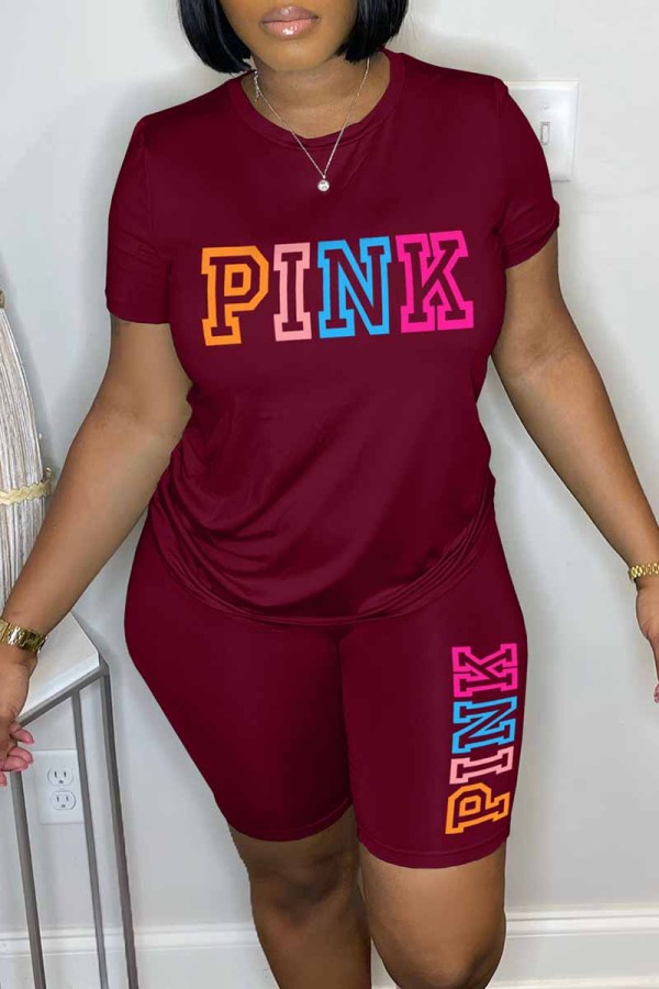 Burgundy Casual Print Letter O Neck Short Sleeve Two Pieces