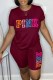 Burgundy Casual Print Letter O Neck Short Sleeve Two Pieces
