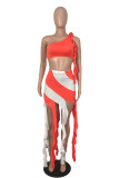 Red Sexy Print Tassel Patchwork Oblique Collar Sleeveless Two Pieces