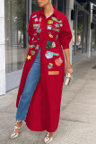 Red Casual Street Print Patchwork Buckle Turndown Collar Tops