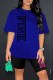 Blue Casual Print Letter O Neck Short Sleeve Two Pieces