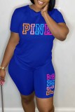 Pink Casual Print Letter O Neck Short Sleeve Two Pieces