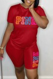 Pink Casual Print Letter O Neck Short Sleeve Two Pieces