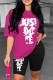 Rose Red Casual Print Letter O Neck Short Sleeve Two Pieces