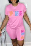 Pink Casual Print Letter O Neck Short Sleeve Two Pieces
