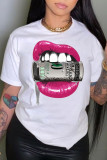 Black Casual Street Lips Printed Letter O Neck T-Shirts