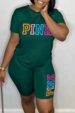 Pink Casual Print Letter O Neck Short Sleeve Two Pieces