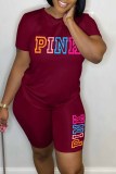 Pink Casual Print Letter O Neck Short Sleeve Two Pieces