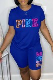 Pink Casual Print Letter O Neck Short Sleeve Two Pieces