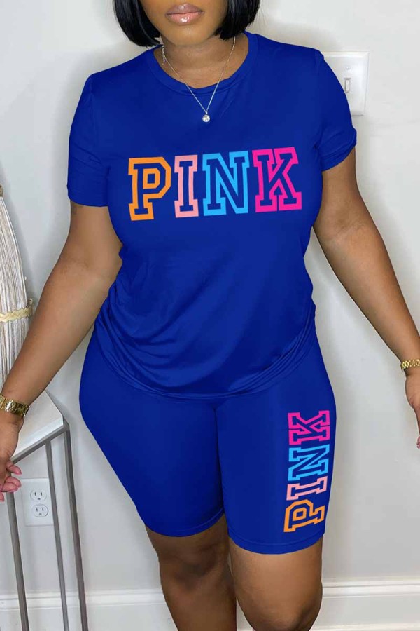 Blue Casual Print Letter O Neck Short Sleeve Two Pieces