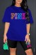 Blue Casual Print Letter O Neck Short Sleeve Two Pieces
