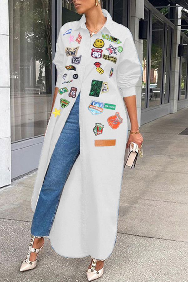 White Casual Street Print Patchwork Buckle Turndown Collar Tops
