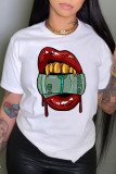 White Casual Street Lips Printed Letter O Neck T-Shirts
