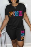 Pink Casual Print Letter O Neck Short Sleeve Two Pieces