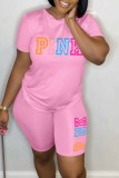 Pink Casual Print Letter O Neck Short Sleeve Two Pieces