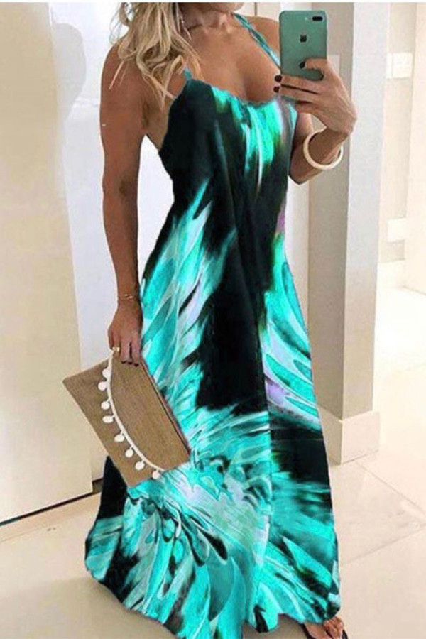 Green Casual Work Gradual Change Print Spaghetti Strap Dresses