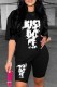 Black Casual Print Letter O Neck Short Sleeve Two Pieces