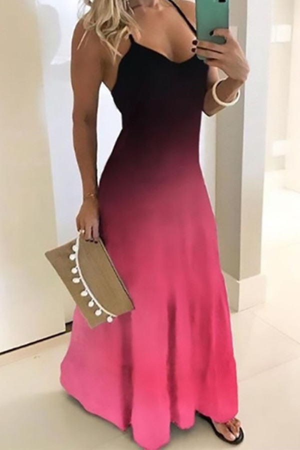 Rose Red Black Casual Work Gradual Change Print Spaghetti Strap Dresses