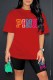 Red Casual Print Letter O Neck Short Sleeve Two Pieces