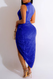 Silver Sexy Casual Solid Patchwork Slit Half A Turtleneck Sleeveless Dress Dresses