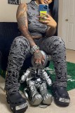 Grey Casual Solid Ripped Hooded Collar Sleeveless Two Pieces