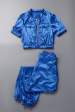Blue Casual Solid Patchwork Zipper Short Sleeve Two Pieces