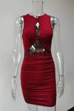 Tangerine Red Sexy Party Solid Hollowed Out Fold O Neck One Step Skirt Dresses