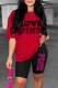Red Casual Print Letter O Neck Short Sleeve Two Pieces