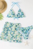 Light Blue Sexy Patchwork Bandage Backless Swimsuit Three Piece Set (With Paddings)
